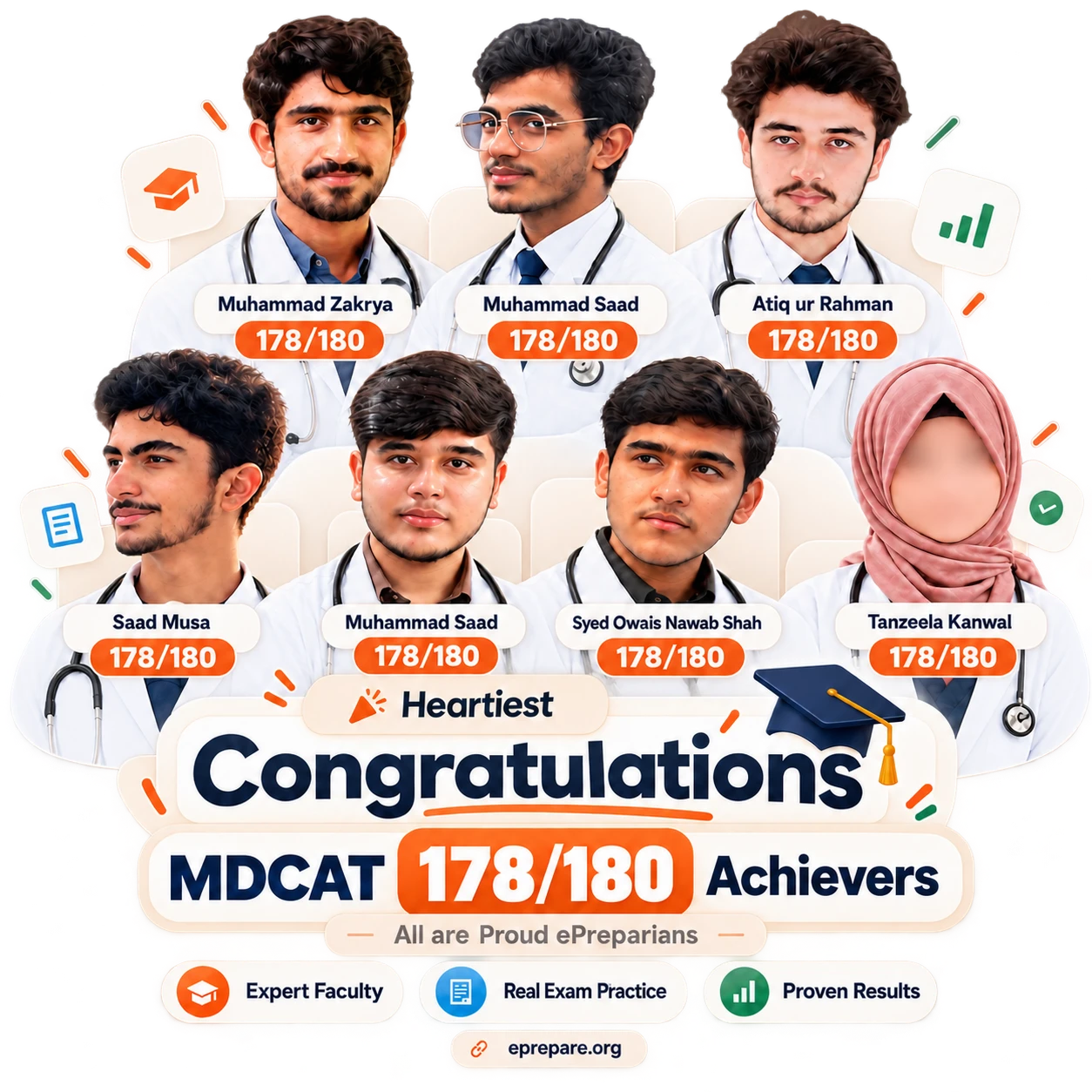 ePrepare's MDCAT 2026 toppers who scored 178 out of 180: Atiq ur Rahman, Muhammad Saad, Muhammad Saad, Muhammad Zakrya, Saad Musa, Syed Owais Nawab Shah, Tanzeela Kanwal